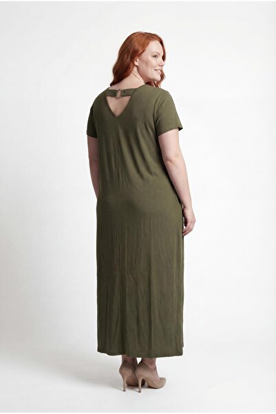 Ebsumu Khaki V-Neck Slit Detailed Relaxed Fit Plus Size Dress