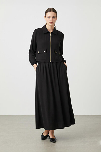 Puane Fermuarlı Ceket ve Lastik Bel Etek Takımı Siyah 14436