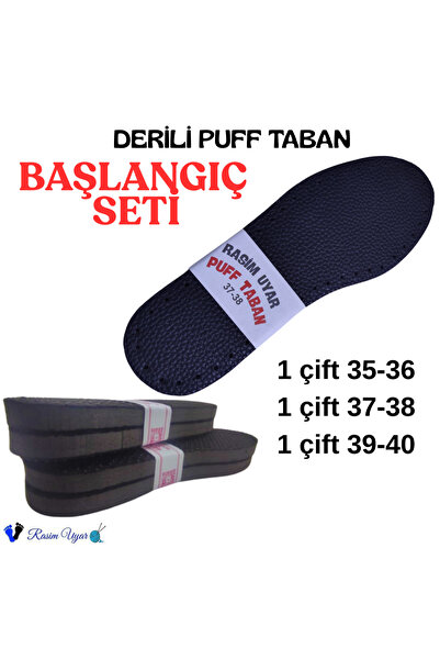 Rasim Uyar SİYAH Derili Puff Taban -3 Çift BAŞLANGIÇ Seti - Bot Ve Terlik Tab...