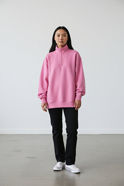 FUKATEX Unisex Pink Half-Zip 3 Yarn Sweatshirt