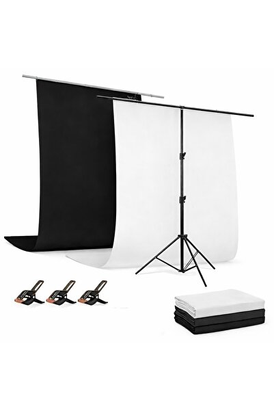 AZT 150x200cm T Stand Bar + 1.5x2mt Siyah ve Beyaz Fon Perde Background Backd...
