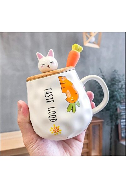 hediyeconcepti 500ml Korean Style Cute Character Rabbit Ceramic Mug Carrot Gi...