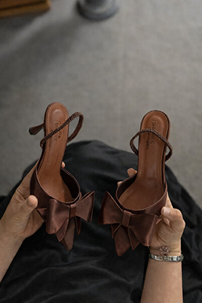 STOCON Mayje Brown Satin Bow Detailed Women's Heeled Shoes Stylish Shoes Even...