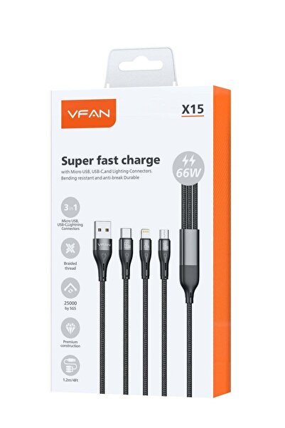 VFAN 66W Super Fast 3 IN 1 Nylon Braided Charging Cable X15-Black