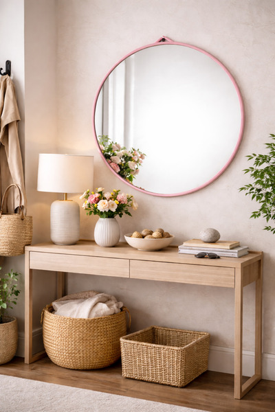 Round Pink Framed Wall Mirror – Modern Decorative Entrance & Bathroom Mirror