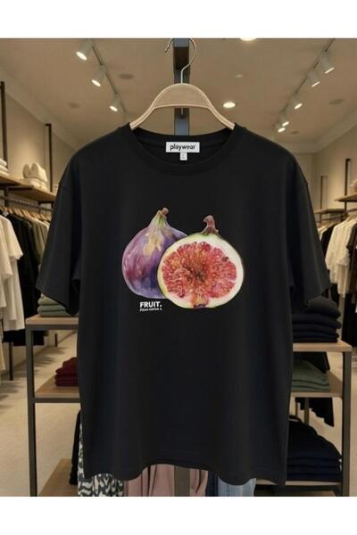 playwear Tricou negru cu imprimeu cu smochine, croială normală, 100% bumbac