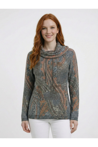 Neden Tekstil Anthracite Orange Ethnic Patterned Lace-Up Sweater