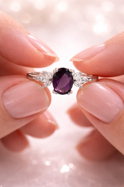 Siset Gümüş 925 Ayar Rodyum Kaplama Oval Ametist Taşlı Gümüş Yüzük