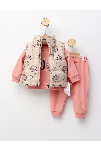 MiniKids Love and Flowers vest set, coral 80 (9-12 months)