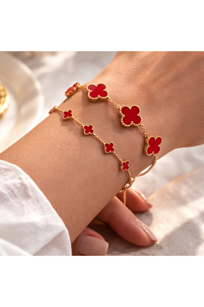 OEM Set of Red Clover Bracelets for Women, Gold, Stainless Steel, Water Resis...