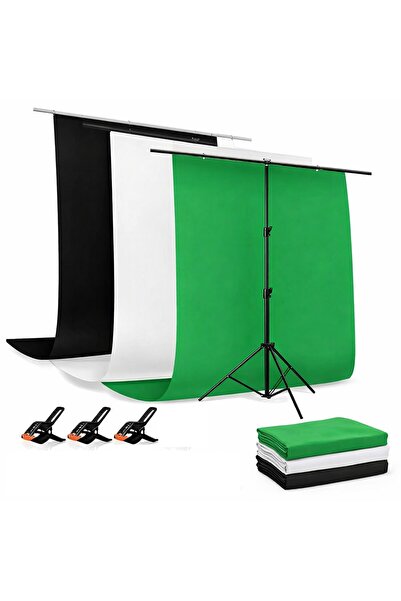 AZT 150x200cm T Stand Bar + 1.5x2mt Yeşil Siyah ve Beyaz Fon Perde Background...