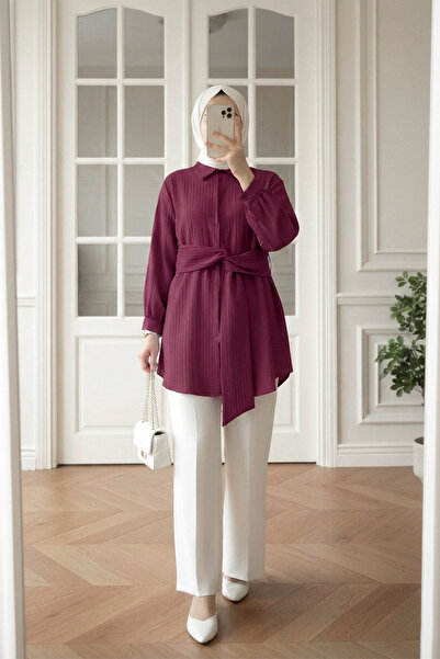 MODAQU Waist-Tied Crinkle Shirt Tunic - Burgundy