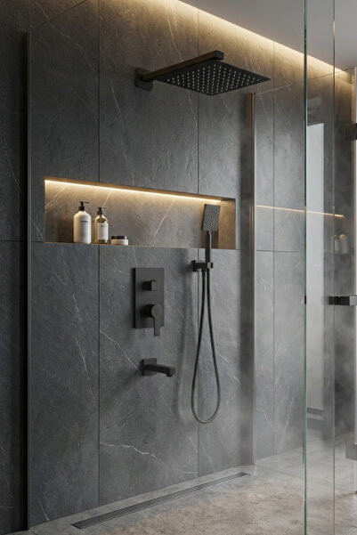 CREVO Siyah NERO Ankastre Duş Seti – 3 Yönlü Full Sistem | Sıva Altı Dahil