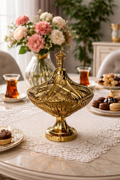İnciaglobal Lüks Gold Ayaklı Kapaklı Şekerlik – Dekoratif Sunumluk, Salon & M...