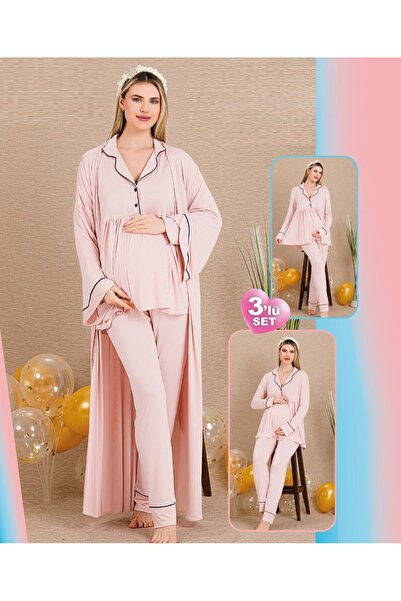 by İGP Pink Long Sleeve Ribbed Buttoned Design Maternity Long Dressing Gown P...