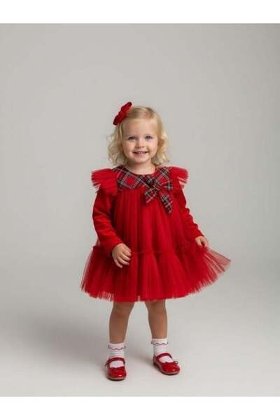 Zekids Baby Girl Plaid Patterned Design Red Dress
