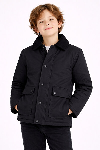 REGOS Erkek Çoçuk Siyah Regular Fit Çıtçıt Detaylı Kadife Yaka Mevsimlik Mont...