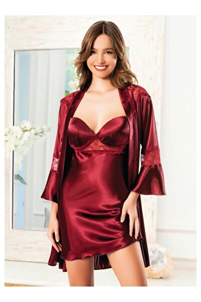 euro click Padded Luxury Burgundy Satin Lace Nightgown and Robe Set