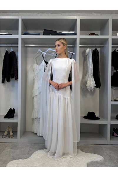 Miss Beyoğlu Women's Chiffon Long Evening Dress with Cape Sleeves – Stylish a...