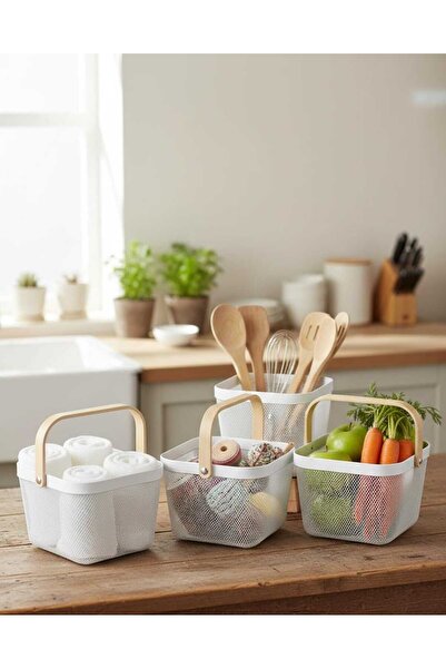 TrentonGCC 4 Pcs Coated Storage Basket Set With Handle White Beige Metal Orga...