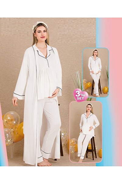by İGP Ecru Long Sleeve Ribbed Buttoned Design Maternity Long Dressing Gown P...