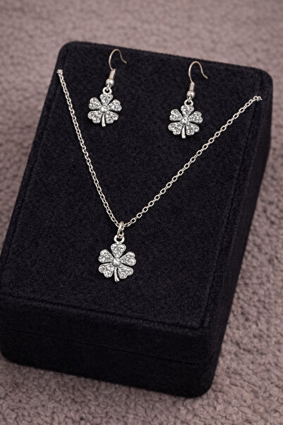 Çeram Gümüş Rengi Yonca 2li Kolye Küpe Set Takımı