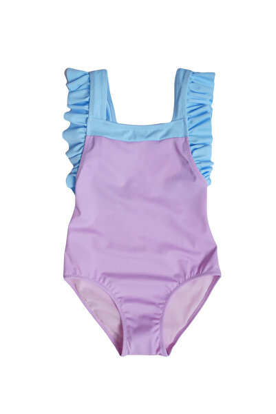 PETIT-ATELlER PETIT ATELIER Girls Lavender Blue Ruffle Shoulder One Piece Swi...