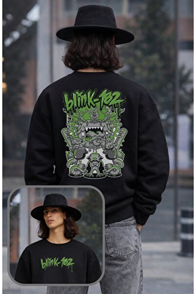Fuddy Moda Unisex Oversize Blink-182 Green Back Printed Crew Neck Hoodless Sw...