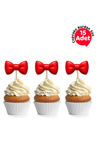 parti pera Kırmızı Fiyonk Cupcake Kürdan Süsü 15 Adet
