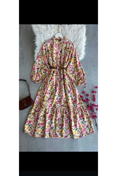Çağlam moda Büyük Beden Viskon Çiçek Desenli Yazlık Elbise – Bel Kemerli Midi...