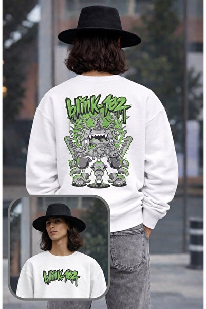 Fuddy Moda Unisex Oversize Blink-182 Green Back Printed Crew Neck Hoodless Sw...