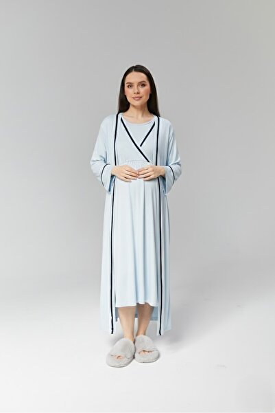 Lohusa Homewear Women's Blue Double-Breasted Full-Length Ribbed Summer 100% C...