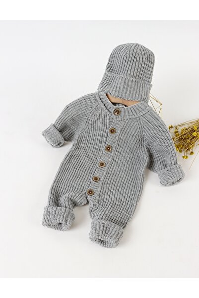 MiniKids Knitted baby jumpsuit with hat, grey 74 (6-9 months)