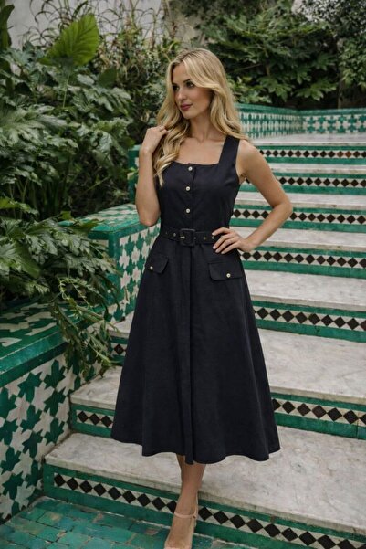 ANBLYs COLLECTION Thick Straps Square Neckline Buttoned Belted Flawed Paperto...