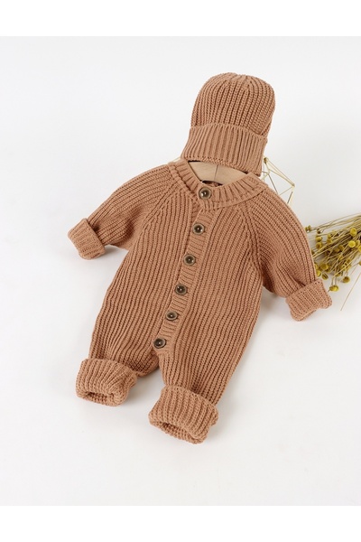 MiniKids Knitted baby jumpsuit with hat, brown 68 (3-6 months)