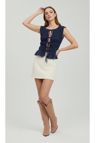 Linich&Co Navy Blue Drawstring Tie Crop Blouse with Bohemian Chic Gipe Detail