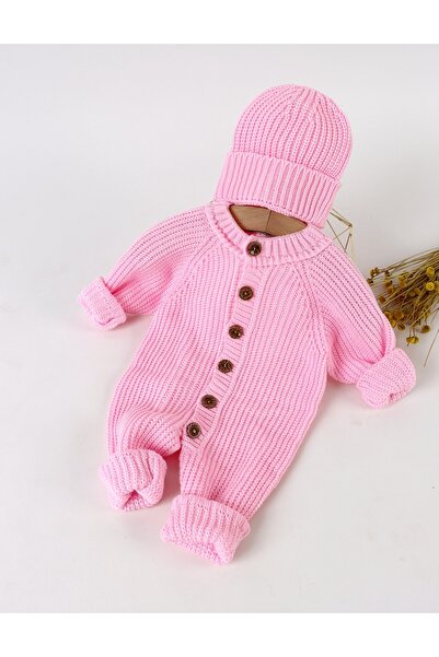 MiniKids Knitted baby jumpsuit with hat, pink 68 (3-6 months)
