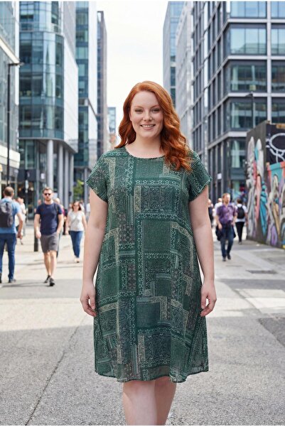 Ebsumu Women's Plus Size Sleeveless Printed Woven Green Dress