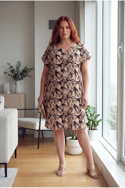 Ebsumu Women's Plus Size Flared Woven Mink Dress