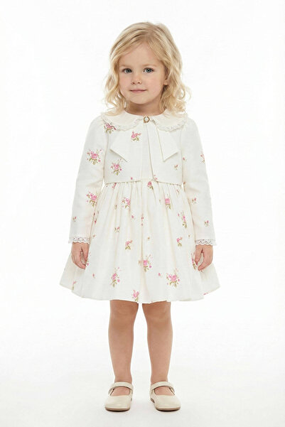 Pamina Light beige floral Printed dress and jacket set for little girls