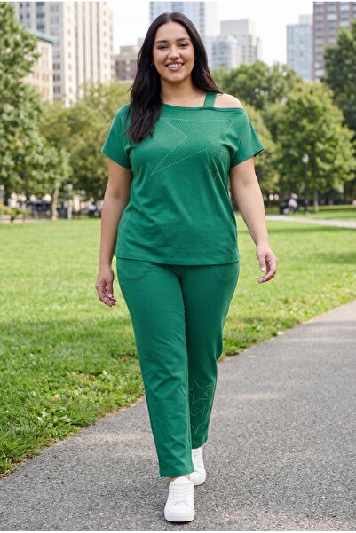 Ebsumu Women's Plus Size Summer Green Tracksuit Set with Strap Detail