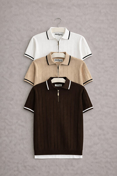 oneoff Men's 3-Pack Polo Collar Knitwear Textured Half-Zip Regular Cotton Mul...