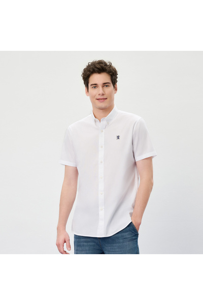 Giordano قميص رجالي قطني أكسفورد بقصة ضيقة وأكمام قصيرة مع تطريز