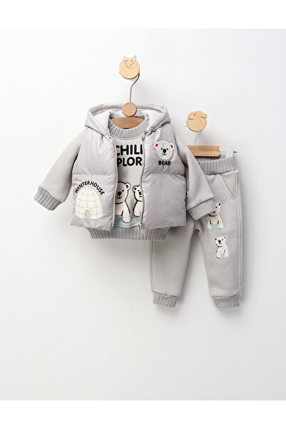 MiniKids 3-piece set with vest, Fleece Bear, grey 86 (12-18 months)