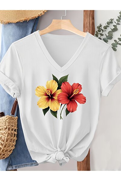 mercoledi Women's Sleeved V-Neck Mix Printed Relaxed Fit Full-Fit T-Shirt