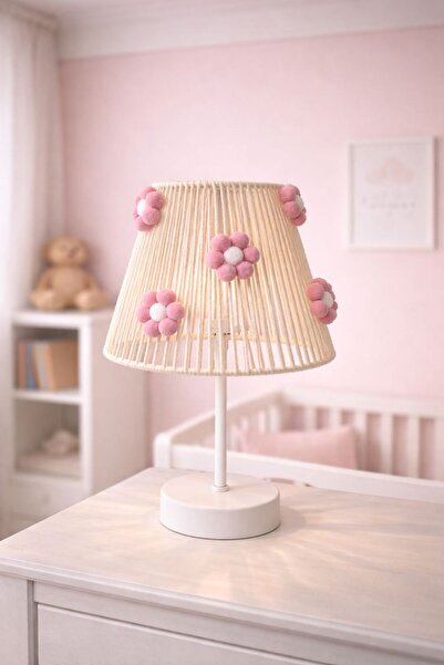 C&A&B KUZEY AVİZE Macrame Ecru Rope Wrap Flower Ready-Made Pink Pompom Lampsh...