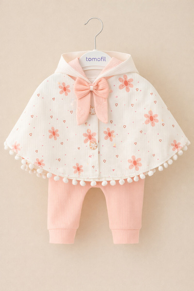 mini kanka Pom-pom Detailed Floral Print Baby Poncho Set Long Sleeve Bodysuit...