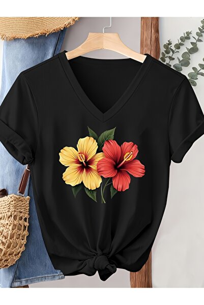 mercoledi Women's Sleeved V-Neck Mix Printed Relaxed Fit Full-Fit T-Shirt