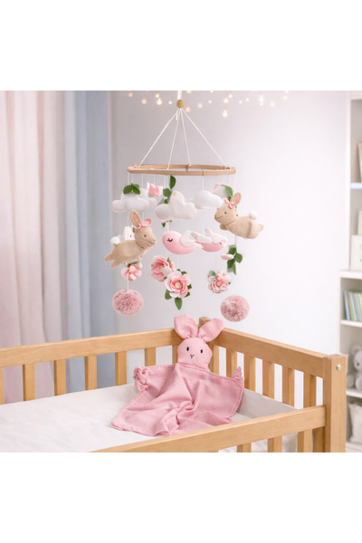 LusnikaStore Ahşap Kasnaklı Bebek Dönence – Tavşan, Bulut ve Kuş Tasarım (MÜZ...