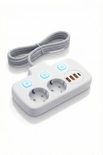 CALIBURN Akım Korumalı 3'lü Priz 4 USB (1x Type-C PD) Hızlı Şarj Anahtarlı Uz...